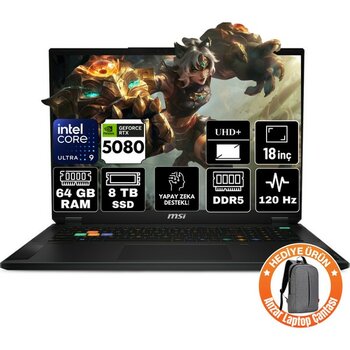 Msı Stealth 18 Hx Aı Intel Core Ultra 9 275HX 64GB 8tb SSD RTX5080 16GB Windows 11 Home 18" 120Hz Taşınabilir Bilgisayar A2XWIG-021TR-A3 - 8 TB