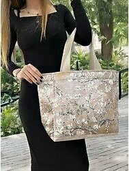 Van Gogh Badem Çiçeği Model Kadın Çanta Günlük Çanta Plaj Çantası Piknik Çantası Beach Bag 42x32 10D Krem