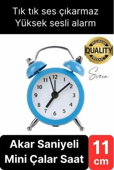 Sessiz Çalışan Yüksek Sesli Alarmlı Retro Tasarım Analog Masaüstü Çanlı Mini Çalar Saat Başucu 11  cm - diğer - Mavi
