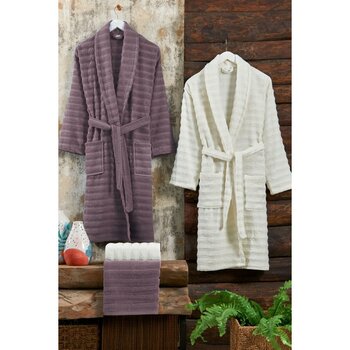 Elart Soft Bornoz Aile Seti Hamam Seti 4 Parça (70X135 Cm) Mürdüm-Krem - Standart - Mürdüm