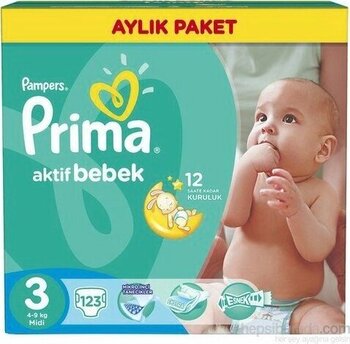 Prima Bebek Bezi Aktif Bebek Aylık Paket 3 Beden 123 Adet