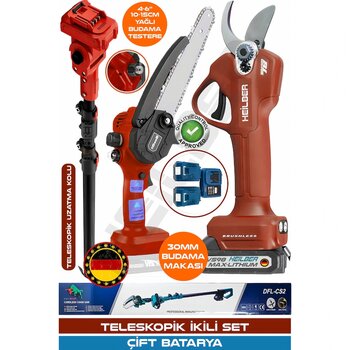 Böhrer 6807k V598/21v Teleskopik Akülü Dal Budama Zincirli Testere Ve Şarjlı 30 Mm Dal Budama Makası + 2 Batarya Kırmızı