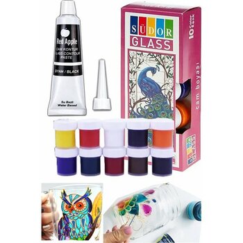 Artlantis Cam Boyası 10 Renk 15 ml ve Siyah Kontur Boyası 1 Paket Cam Vitray Boyama Seti Cam Boyama Seti