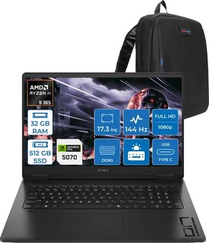 Hp Omen 17-Db1003nt Amd Ryzen Aı 9 365 32Gb Ddr5 512Gb Ssd Rtx5070 8Gb Gddr7 17.3 Inç Fullhd (1920 X 1080) 144Hz 7Ms 300Nıts Ips Freedos Taşınabilir Bilgisayar C67g1eaf13 + Zetta Çanta