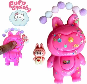 tmtoysandmore Fufu Squishy Labubu Pullu Figür Sukuşi Stres Sıkma Oyuncak Pembe 9 Cm