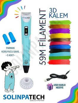 SolinpaTech Mavi 3d Kalem 3d Pen Yazıcı Kalem Çok Renkli (toplam 59 Metre) Filament Usb Kablo