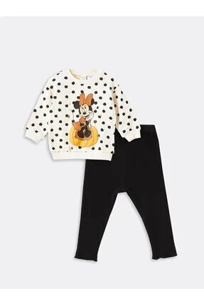 LC Waikiki Lcw H12 Bisiklet Yaka Minnie Mouse Baskılı Kız Bebek Sweatshirt Ve Tayt 2'li Takım