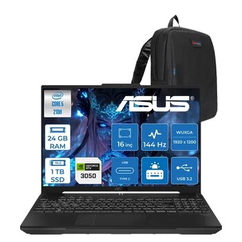 Asus Tuf Gaming F16 Fx607vj Intel Core 5-210H 24Gb 1Tb Ssd Rtx3050 6Gb 16 Inç Wuxga 144Hz Ips Freedos Gaming Notebook Rl033f13 + Zetta Çanta