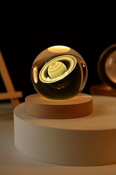 3d Satürn Kristal Küre Lamba Usb Li Gün Işığı Led Işıklı Ahşap Standlı Dekoratif Masa Lambası