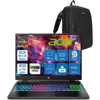 Acer Nitro 16 AN16-42 Amd R7 8845HS Aı 96GB Ddr5 4tb SSD 8GB/RTX4060 140W 16" Wuxga 180Hz IPS Freedos Taşınabilir Bilgisayar NHQSKEY004F30+ZETTAÇANTA