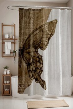 EVPANYA Banyo Perdesi Bej Boho Gazete Üstündeki Kelebek Desenli 175x200 cm