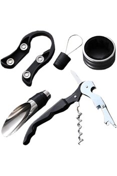 Kitchen Design Lab Şarap Açacağı 5 Parçalı Set, Tirbuşon, Damlama Halkası, Şarap Dökücü, Şişe Açacağı ve Folyo Kesici