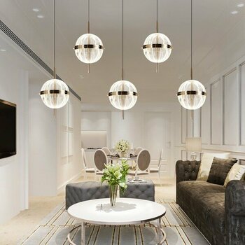 Apliqa Loret 5'li Sıralı 60 Watt Gold Kristalli Modern Salon Yemek Masası Üstü Sarkıt LED Avize - 5