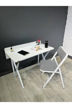 hey modüler mobilya Buse Çalışma Masası Ofis Bilgisayar Masası + Katlanır Sandalyeli 103 cm Metal Beyaz Ayak