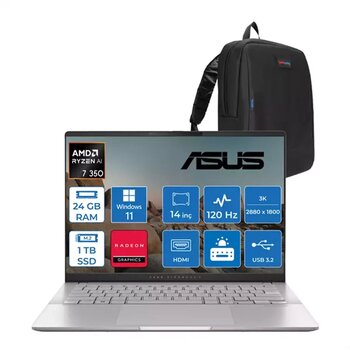 Asus Vivobook S14 Amd Ryzen Aı 7 350 24GB LPDDR5X 1tb 14" 3k OLED 120Hz 600NIT Amd Radeon Graphics Windows 11 Pro Taşınabilir Bilgisayar M5406KAP02 + Zettaçanta