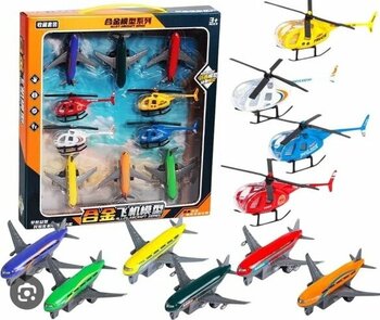 Metal Oyuncak Helikopter Ve Uçak Seti - 10 Parça Çek-Bırak Özellikli