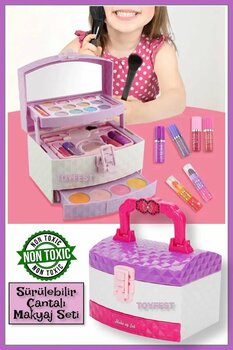 Sürülebilir Farlı - Rujlu - Ojeli - 3 Katlı Taşıma Çantalı Makyaj Seti - Kuaför Güzellik Seti