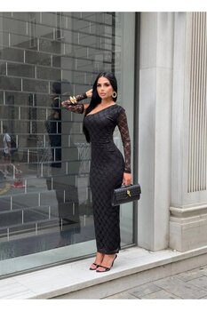 NİCE STYLE KADIN OMUZ DETAY FUL GÜPÜR LİKRAKI TARZ ELBİSE L Beden