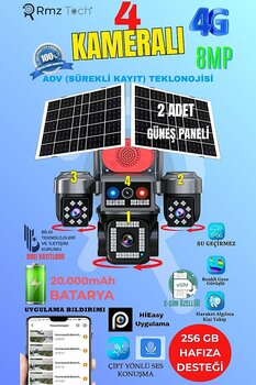 AVENİR RMZ-TECH 8MP 4 Kameralı PTZ AOV Kamera Çift Solar Panelli 4G E-SIM Gece Renkli İnsan Takibi