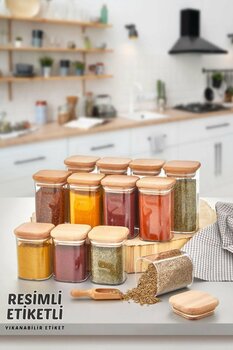 Comprox Resimli Etiketli 12'li Akrilik Vakumlu Ahşap Kapak Kare Baharatlık Seti 300 Ml-baharatlık Takımı