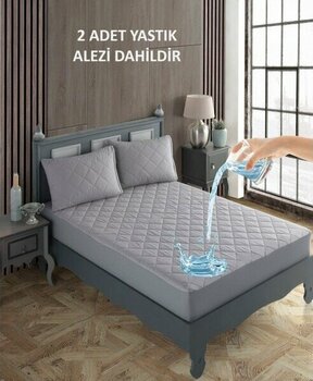 Sevilya Çift Kişilik Yastıklı Yatak Alez Seti Pamuk Kapitone Su Sıvı Geçirmez Yatak ve Yastık Koruyucu - 150 x 200 cm - Gri