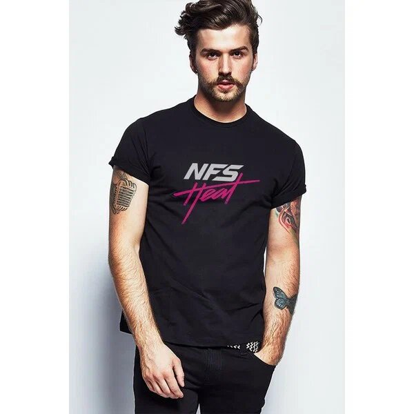 Qivi NFS Heat Baskılı Siyah %100 Pamuk XL Kısa Kol Bisiklet Yaka T-Shirt