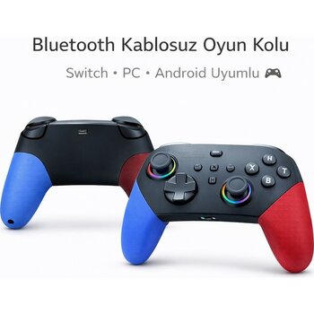 vooka Kablosuz Oyun Kolu Switch Uyumlu Bluetooth Gamepad Pc Ios Android Uyumlu Titreşimli Rgb Işıklı Turbo Fonksiyonlu Oyun Kolu - Siyah - Mavi