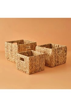ELZEY HOME Hasır Kare Kalın Örgülü Sepet 3'lü Naturel
