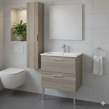 Vitra Mia 60 Cm Cordoba Çekmeceli Ayaklı Banyo Dolabı + Creavit 60 Cm Ayna Set