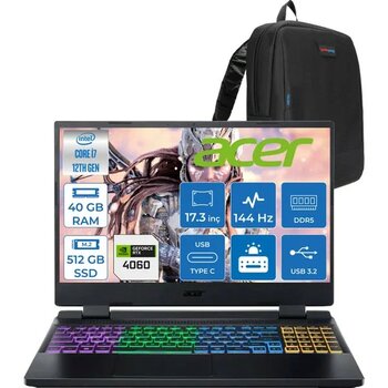 Acer Nitro 5 AN517-55- Intel I7-12650H 40GB Ddr5 512GB SSD 8GB/RTX4060 140W IPS 17.3" 144Hz Full Hd Freedos Gaming Laptop NHQLFEY004F12+ZETTAÇANTA