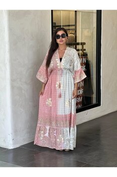 Ranasubaşı IBN-4029 Belden Büzgülü İthal Elbise Pembe Standart Beden