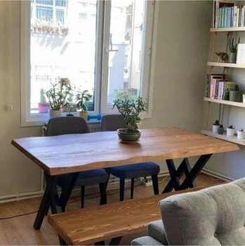 Deryawood Masif Mobilya Masif Ağaç Yemek Masası 240 cm x 85 cm x 76 cm Acık Ceviz V Ayak