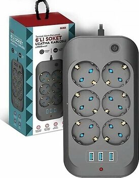 Fulltech Termal Akım Korumalı, Çocuk Korumalı, 6'lı 2 Mt Uzatma Priz 6 X Priz, 3 X Usb