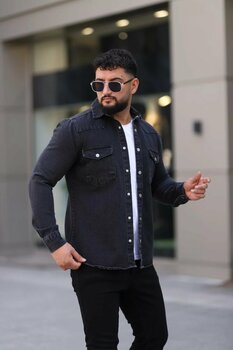 L-KOM Erkek Kot Gömlek Rahat Kalıp, Çift Cepli, Düğmeli Denim Gömlek S Beden