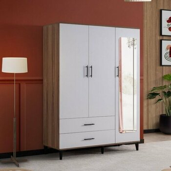 Gardırop, Blesk 3 Kapaklı Aynalı Çekmeceli Ceviz-Beyaz Dolap - Renkli