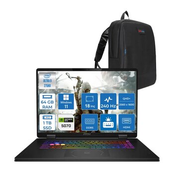 Msı Crosshaır 18 Hx Aı A2xwgkg-032xtr Intel Core Ultra 9-275hx Aı 64gb 1tb Ssd 8gb/Rtx5070 Gddr7 115w 18"2.5k (2560 X 1600, Wqxga) 240hz Windows 11 Pro Taşınabilir Bilgisayar W032xtrp27+Zettaçanta