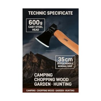 Kamp Baltası, 600 Gram, Dökme Çelik Baş, 35 cm Kayın Sap, Isıl Işlemli, Elektrostatik Toz Boyalı, Normal Tutuş, Odun Kesme, Kamp, Bahçe, Av Kullanımı
