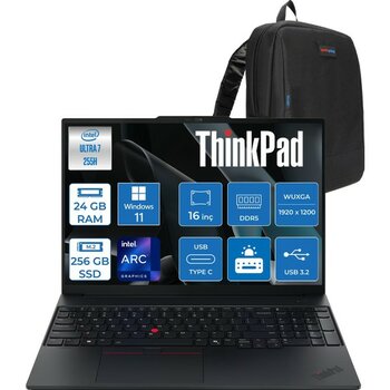 Lenovo Thinkpad E16 Gen 3 Intel Core Ultra 7 255H 24GB Ddr5 256GB SSD Windows 11 Home Intel Arc 140T 16 Inç Wuxga (1920 x 1200) IPS 300NITS Taşınab...
