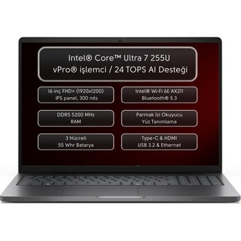 Dell Pro 16 PC16250 Intel Core Ultra 7 255U Vpro 16GB 1tb SSD 16" Fhd+ Windows 11 Home Taşınabilir Bilgisayar - 1 TB - 16 GB