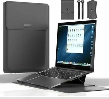 Macbook Pro 14 Inç M3 / M3 Pro / M3 Max A2992 Uyumlu Deri Mıknatıslı Standlı Çanta - Gri