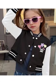 npLStore Kız Çocuk Kuromi Baskılı Siyah Beyaz Renk Düğmeli Kolej Ceket