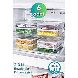 6 Adet Buzdolabı Düzenleyici Saklama Kabı Seti 2,3 Lt Şeffaf Sebze Meyve Erzak Saklama dipfriz
