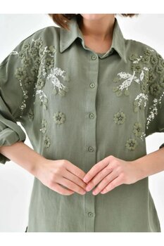 Stilmony Kadın Nakış İşlemeli Keten Kumaş Oversize Düğmeli Gömlek XL Beden