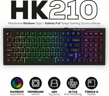 Hawk Gaming HK210 Membrane Rainbow Type C Kablolu Siyah Full Türkçe Gaming Klavye