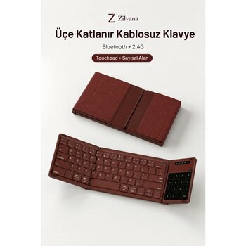 Zilvana Kumaş Dokulu Arka Kapaklı Üçe Katlanır Bordo Kablosuz Klavye Bluetooth + 2.4g Touchpad ve Sayısal Tuşlu Taşınabilir Klavye