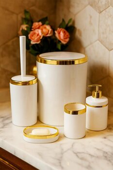 MAKRİ HOME 5 Parça Akrilik Banyo Seti, Şık ve Kaliteli Akrilik, Altın Renk Detaylı, Beyaz