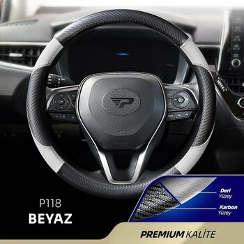 Panda Oto Direksiyon Kılıfı - Deri / Karbon-beyaz