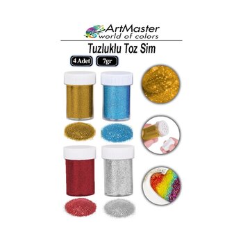 Toz Sim 4 Renk Altın Gümüş Kırmızı Mavi 7 Gr 4 Adet Tuzluklu Renkli Toz Sim Dekorasyon Okul Etkinlik Slime Epoksi Reçine