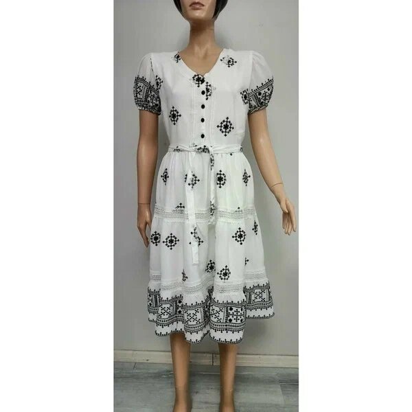 V Yaka Düğmeli Yazlık Beyaz 160 cm Kısa Kol 40 Elbise