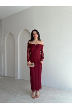 Mooi Butik VİVALDİ Midi Elbise 3965 - Bordo M Beden